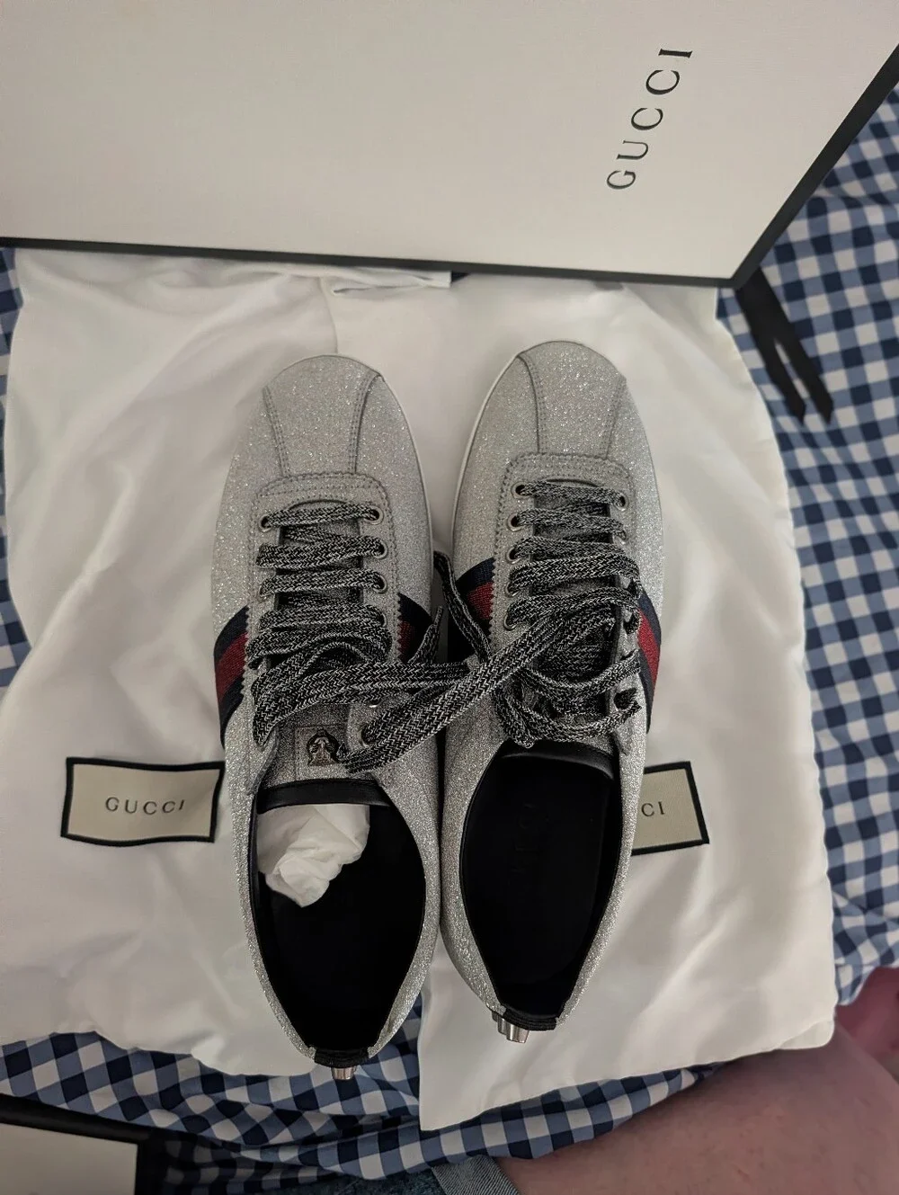 Mens Luxury Gucci Silver Glitter Low-Top Sneakers with Red & Navy Web